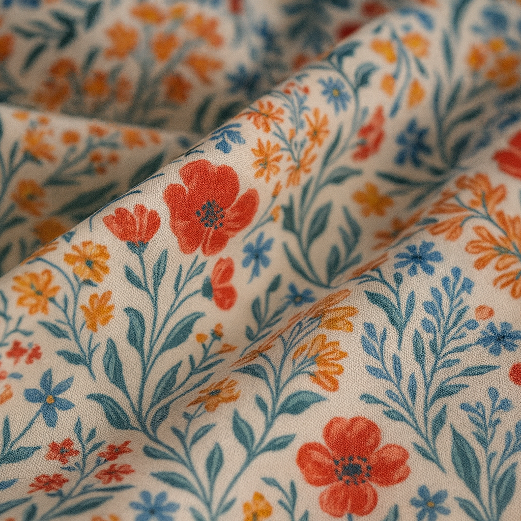 Close-up of floral fabric for a dog bed cover with red, orange, and blue flowers on an off-white background